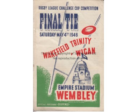 RUGBY LEAGUE CUP FINAL 1946     Official programme, Wakefield Trimity v Wigan, Rugby League Challenge Cup Final, 4/5/46 at We