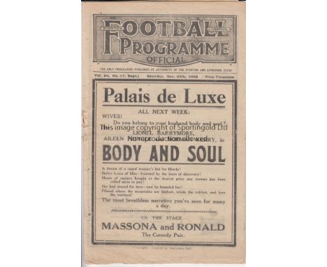 EVERTON - BURY 1928-29  Everton home programme v Bury, 24/11/1928, also covers Liverpool "A" v Whiston, fold, staple removed.