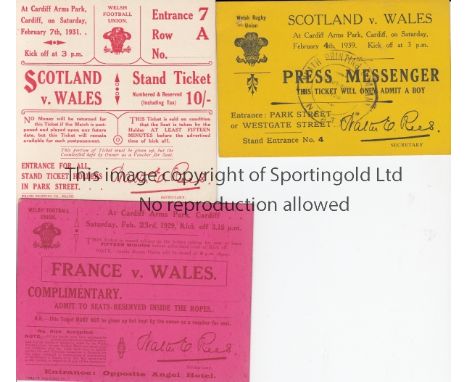 WALES RUGBY UNION       Three tickets for Cardiff Arms Park: v. France 23/2/1929, admit to seats inside the ropes, v. Scotlan