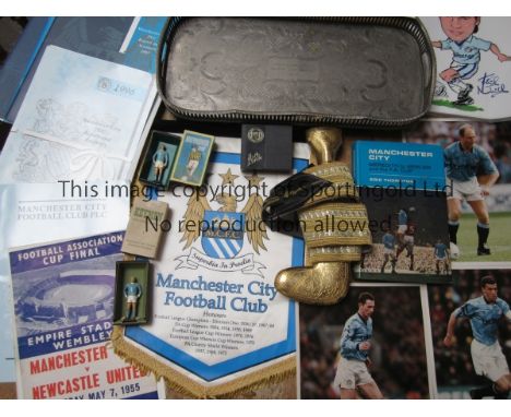 MANCHESTER CITY     Collection of Manchester City memorabilia, , large pennant with tassels, colour caricature  A4 size drawi