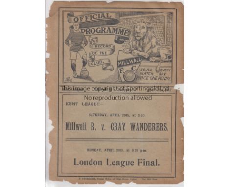 MILLWALL - SHEPPEY UTD 1913     Millwall Reserves home single sheet programme v Sheppey United, 21/4/1913, Kent League, edges