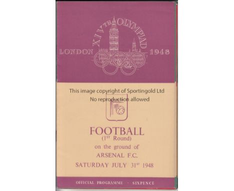 OLYMPIC GAMES / FOOTBALL   Six 1948 Olympic Games football programmes. 2 early Round matches at Arsenal plus both Semi Finals