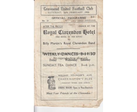 GRAVESEND UTD 46   Gravesend United home four page programme v Royal Marines, 16/2/46, Kent League, some creasing, foxing. Fa