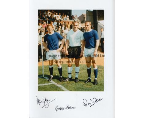 1966 ENGLAND WORLD CUP AUTOGRAPHS     A 12 X 8" colour photograph of Alan Ball, Ray Wilson and George Cohen Craven Cottage be