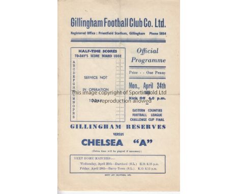 GILLINGHAM - CHELSEA 1950    Gillingham single sheet programme, Eastern Counties League Challenge Cup Final v Chelsea "A" , 2