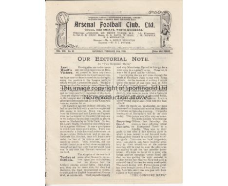ARSENAL - FULHAM 1920   Single sheet Arsenal Reserves home programme  v Fulham Reserves, 14/2/1920, large format white issue,