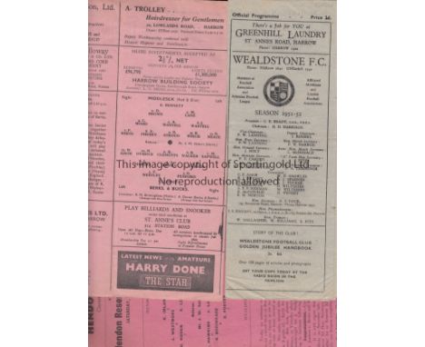 WEALDSTONE     Small collection of Wealdstone related items, programme, Hounslow v Wealdstone, 12/5/56 at Hayes, Middlesex Ch