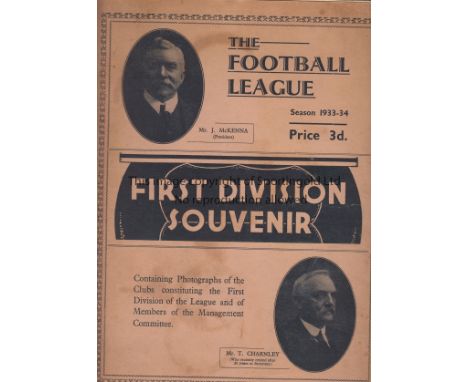 FOOTBALL LEAGUE SOUVENIR 1933    14 Page Football League 1st division Souvenir 1933/34 containing photographs of all First Di