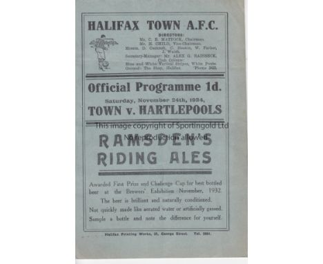 HALIFAX - HARTLEPOOLS 1934   Halifax Town home programme v Hartlepools, 24/11/1934, FA Cup, slight fold.  Generally good