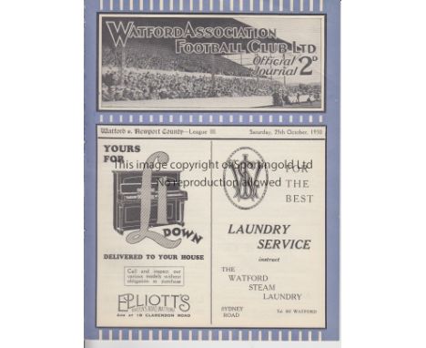 WATFORD   Programme  Watford v Newport County 25th October 1930. Ex Bound Volume. Generally good    
