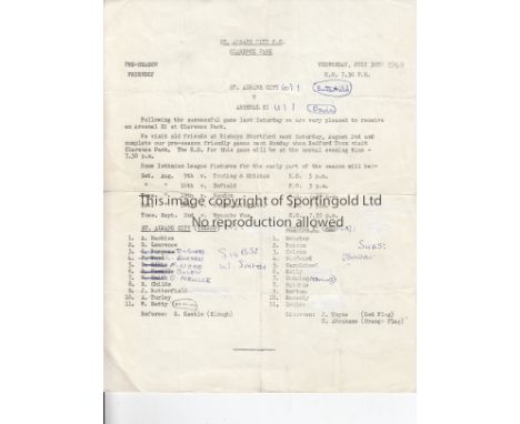 ARSENAL      Single sheet programme for the away Friendly v. St. Albans City 30/7/1969, folded, team changes and slightly mar