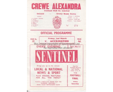 ACCRINGTON      Programme for Accrington Stanley's last game in the Football League away at Crewe Alexandra 2nd March 1962. L