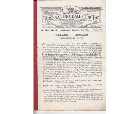 ENGLAND - HUNGARY 1936   England home programme v Hungary, 2/12/1936 at Arsenal, standard Arsenal programme, folds, minor sta
