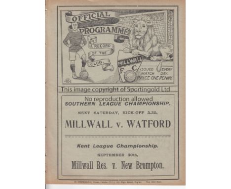 MILLWALL    Single sheet programme Kent v London at Millwall 21st September 1911. Ex Bound Volume. Generally good    