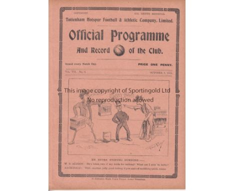 TOTTENHAM - FULHAM 1914   Tottenham Reserves home programme v Fulham Reserves, 3/10/1914, South Eastern League, eight page is