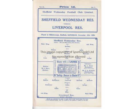 SHEFFIELD WEDNESDAY V. LIVERPOOL 1932      Programme for the Reserve Team, Central League match at Hillsborough 19/11/1932, e