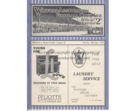 WATFORD   Programme  Watford v Luton Town 20th September 1930. Ex Bound Volume. Generally good    