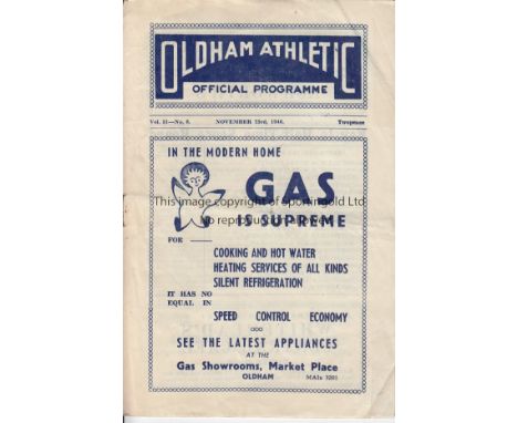 OLDHAM / DARLINGTON     Programme Oldham Athletic v Darlington 23rd November 1946. Some creasing/light folds. No writing. Fai