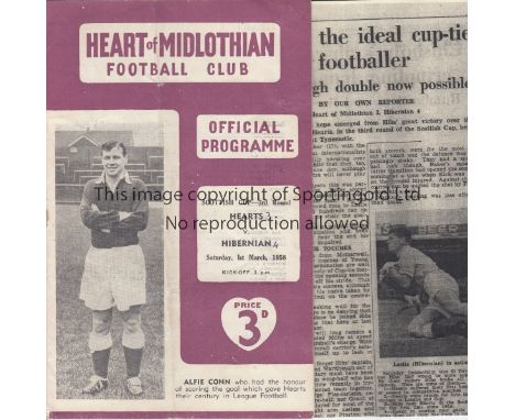 HEARTS / HIBS   Programme Heart of Midlothian v Hibernian Scottish Cup 3rd Round 1st March 1958. This match was famous for Jo