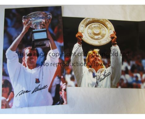 TENNIS - AUTOGRAPHS       Col photo, showing  Martina Navratalova holding aloft the Venus Rosewater Dish awarded to her after