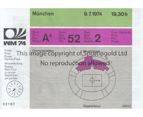 WORLD CUP 1974  Ticket for the 1974 World Cup Final Replay West Germany v Holland 9th July 1974 which never took place. Gener