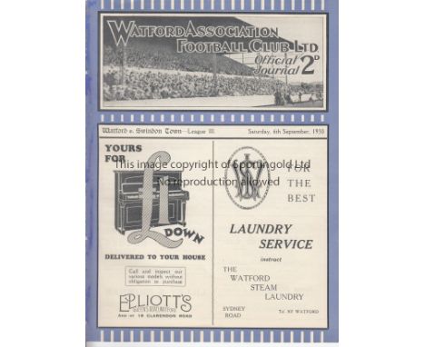 WATFORD   Programme  Watford v Swindon Town 6th September 1930. Ex Bound Volume. Generally good    