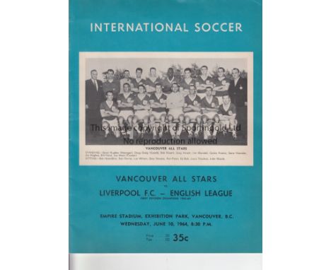 VANCOUVER - LIVERPOOL  1964   Official programme, Vancouver All Stars v Liverpool, 10/6/64 at Empire Stadium, Vancouver, Cana