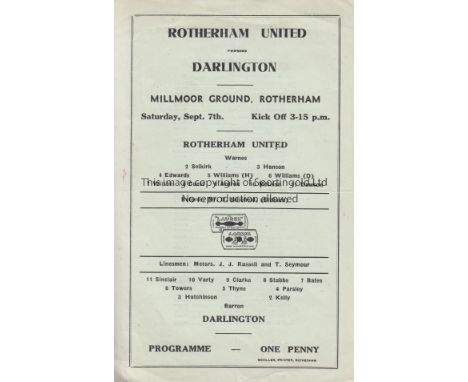 ROTHERHAM / DARLINGTON     Single sheet programme Rotherham United v Darlington 7th September 1946. Light mark . No writing. 