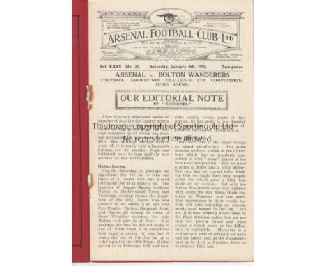 ARSENAL - BOLTON 1938   Arsenal home programme v Bolton, 8/1/1938, Cup, slight folds, rusty staples otherwise good.  Fair-gen