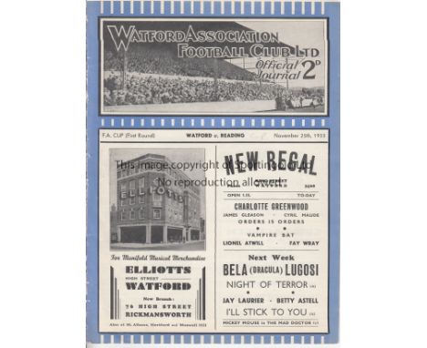 WATFORD - READING 1933   Watford home programme v Reading, 25/11/1933, FA Cup, ex bound volume, small tear to corner of back 