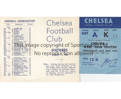 CHELSEA V WEST HAM UNITED 1969 TICKET     League match at Chelsea 20/8/1969. Plus 2 fixture lists for 1969/70.   Good