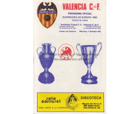 1980 SUPER CUP     Official programme, Valencia v Nottingham Forest, 17/12/80 in Valencia, played between the Cup-Winners Cup