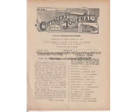 FULHAM - WOOLWICH ARSENAL 1911    Fulham eight page home programme v Woolwich Arsenal, 11/2/1911, South Eastern League, ex bo