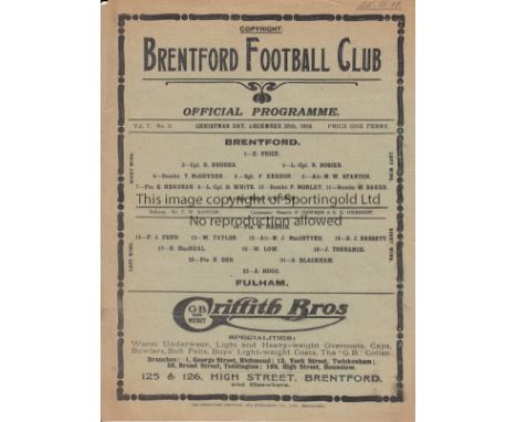 BRENTFORD - FULHAM 1918   Single sheet Brentford home programme v Fulham, 25/12/1918.   Good