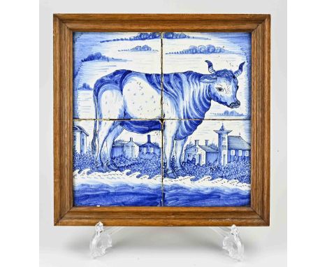 18th - 19th century Dutch 4-pass Fayence tile tableau. Cow with village decor. Dimensions: H 26 x W 26 cm. In good condition.