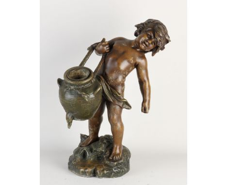 Large antique French composition metal figure. Circa 1900. Boy carries water pitcher. Dimensions: H 45 cm. In good condition.