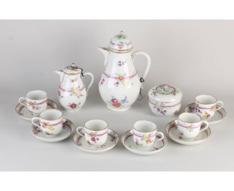 Antique, 18th century, German porcelain Meissen tea set. Teapot marked with Marcolini sign. Six dishes, good. Six cups, all r