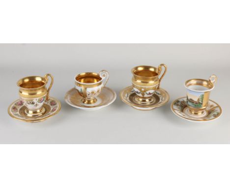 Four early 19th century Empire porcelain cups and saucers. Including Muiderpoort Amsterdam, cool. Two floral cups, glued ear/