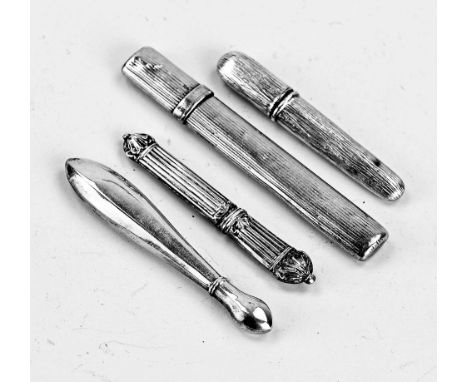Four silver needle cases, 833/000, an oval model with rib-work, 8.5 cm, an oval model with contoured rib, 6 cm, a contoured t
