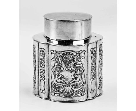 Silver tea caddy, 800/000, oval contoured model with allegorical representations with floral decoration. 8x6x8cm. about 161 g
