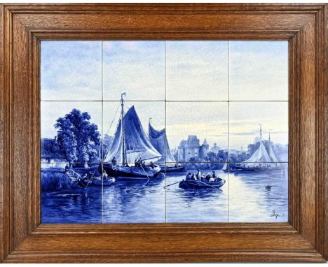 Large antique Dutch Delft Porceleyne Fles 12-pass tile tableau. To Salomon Verveer. Circa 1900. Dimensions: H 48 x W 63 cm. I