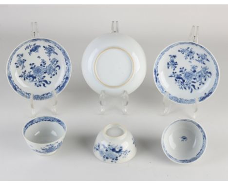 Three 18th century Chinese porcelain cups and saucers with floral decoration. Two platters of minimal chips. Cups good. Dimen