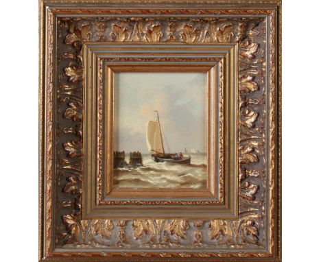 G. van Heemskerk. Second half of the 20th century. Sailboat with figures at sea. Oil paint on panel. Dimensions: H 10 x 8.5 c