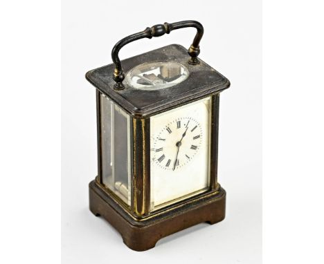 Small antique French brass travel alarm clock with facet cut glass. Circa 1900. Hairline dial top right. uncleaned. Dimension