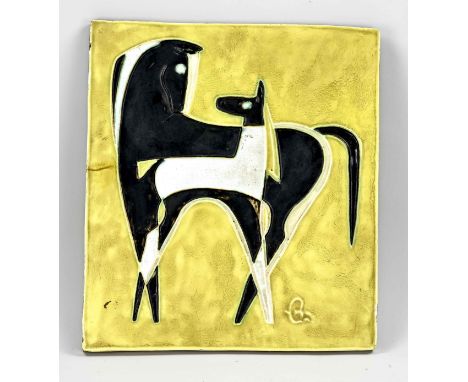 Large German glazed ceramic plaque with cubist horse. Schaeffenacker Germany. Light edge glaze damage. Dimensions: 39.5 x 35 