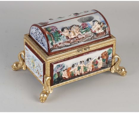 Capodimonte ceramic Reuge music box with gilded brass. jewelry box. Plays melody Edelweiss. Second half of the 20th century. 