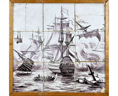 Dutch 9-pass tile tableau. 19th century. Manganese. Shipping Golden Age. Glued four tiles. Dimensions: 40 x 40 cm. In decent 