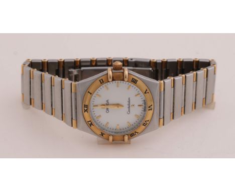 Ladies watch, Omega Constellation, steel with gold, with a mother-of-pearl dial. The watch has a gold bezel with Roman numera