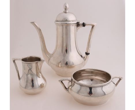 Three-piece 835/000 silver mocha service. Consisting of: Mocha jug, creamer and sugar bowl with handles. Model Button. mr. Ge