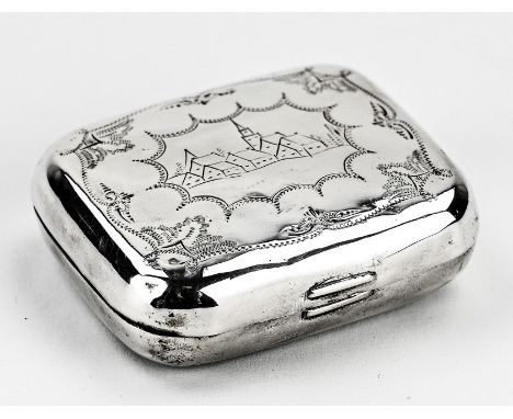 Silver box, 833/000, rectangular model with trebled processing and engraving of a city view. The box has a hinged lid. MT.: C